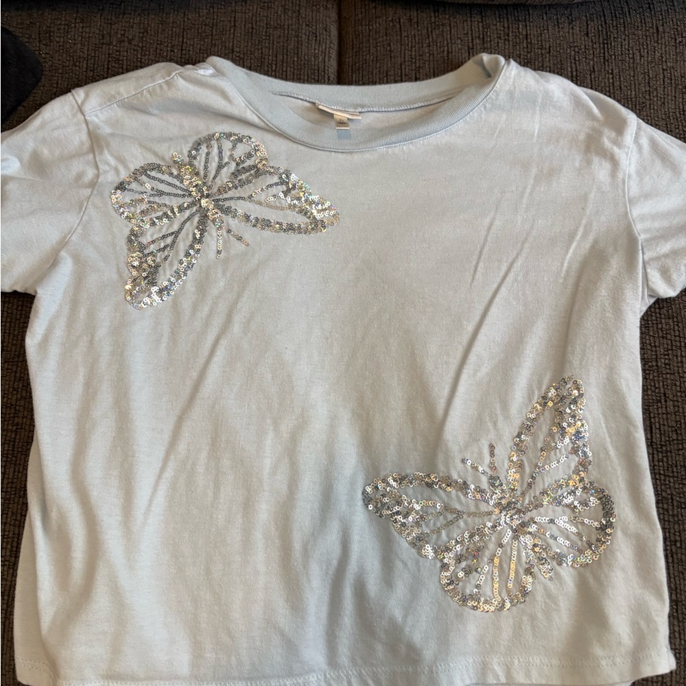Girls White Sequin Butterfly Tee